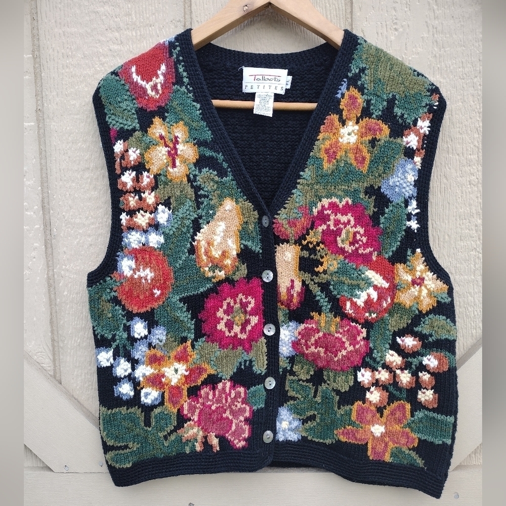 Vintage Talbots Vest Women Petite Large PL Floral Hand Knit Twee Cottage Core